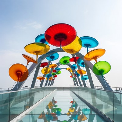 Colorful Umbrella Arch Over Glass Walkway