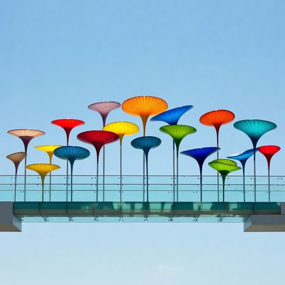 Colorful Mushroom Sculptures on Glass Bridge