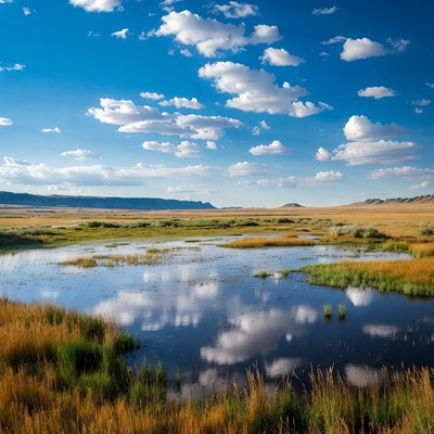 Scenic wetland with reflections under blue sky