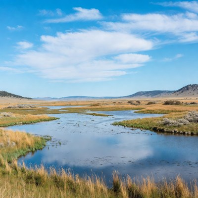 Scenic river winding through golden wetlands