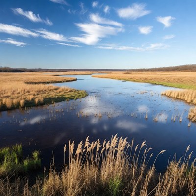 Marshland with winding river and reeds
