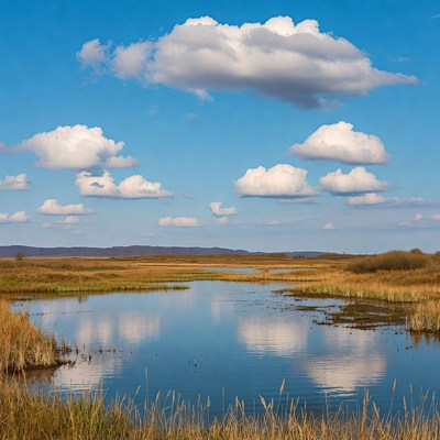 Scenic Marshland with Fluffy Clouds Reflection