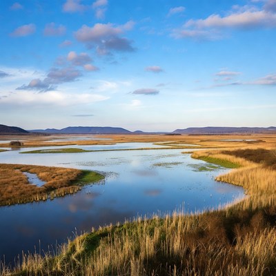 Autumn Wetlands Landscape with Mountains