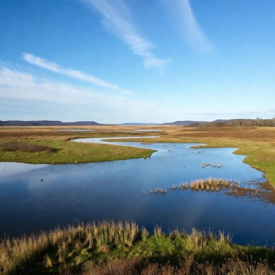 Scenic Marshland River Under Blue Sky