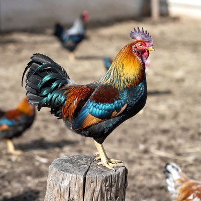 Colorful Rooster Standing on Stump
