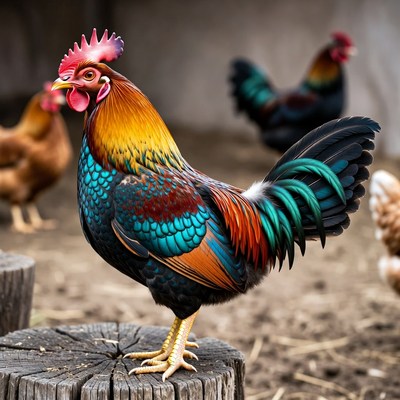 Colorful Rooster Standing on Stump