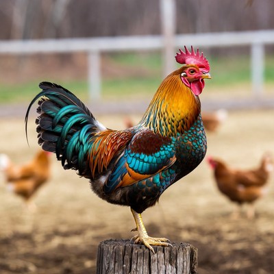 Colorful Rooster Standing on Stump