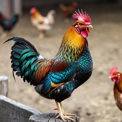 Colorful Rooster Standing on Post
