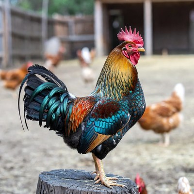 Colorful Rooster Standing on Stump