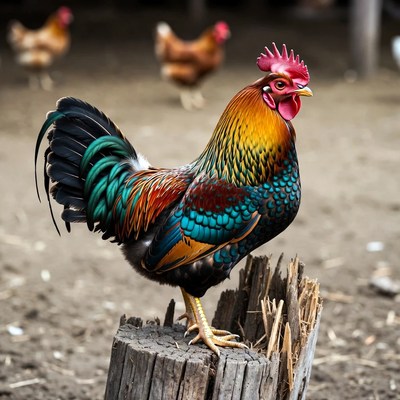 Colorful Rooster Standing on Stump