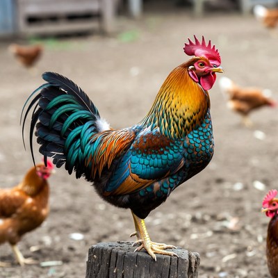 Colorful Rooster Standing on Stump