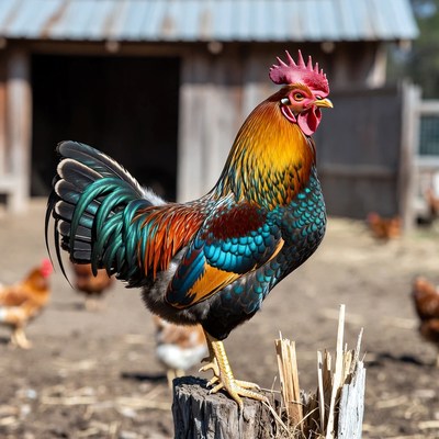 Colorful Rooster Standing on Stump