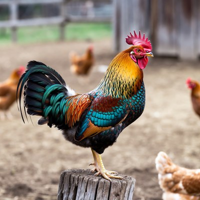 Colorful Rooster Standing on Stump