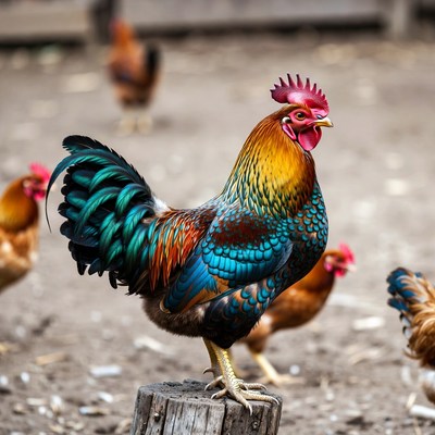 Colorful Rooster Standing on Stump