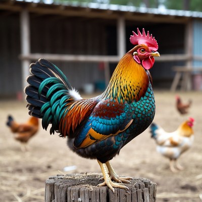 Colorful Rooster Standing on Wooden Post
