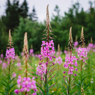 Pink Fireweed Flowers in Forest