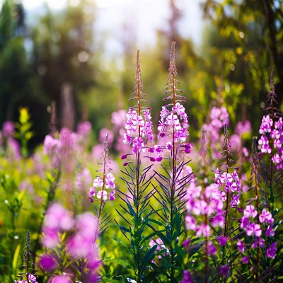 Pink Fireweed Flowers in Forest