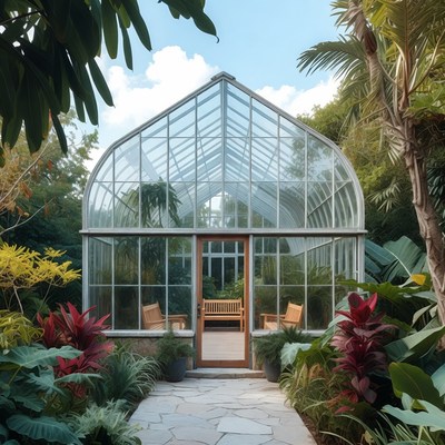 Glass Greenhouse in Tropical Garden