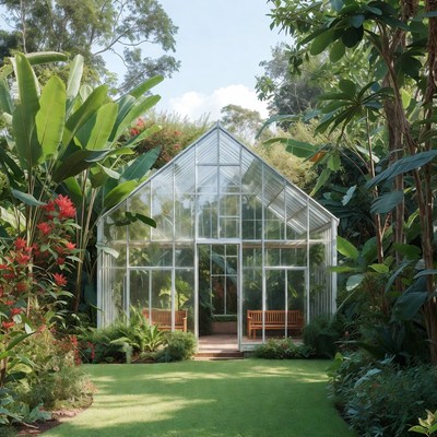 Glass Greenhouse in Tropical Garden