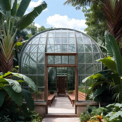 Glass Greenhouse with Tropical Plants