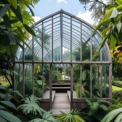 Glass Greenhouse Surrounded by Tropical Plants