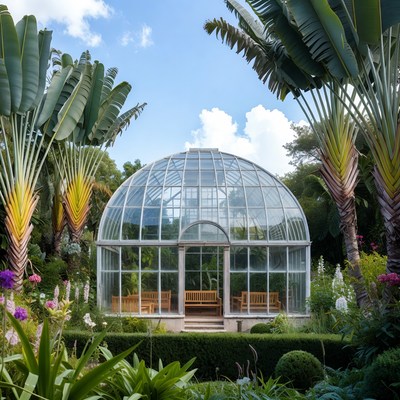 Glass Greenhouse Surrounded by Palm Trees
