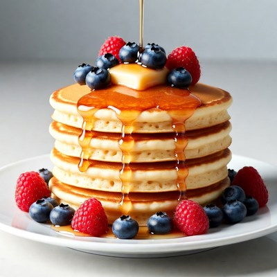Stack of Pancakes with Blueberries and Raspberries