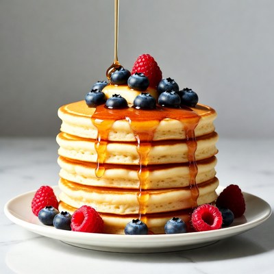 Pancakes with Blueberries and Raspberries Drizzled in Honey
