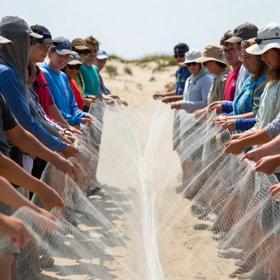 Group pulling large net on beach