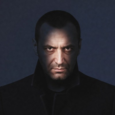 Man in black coat close-up