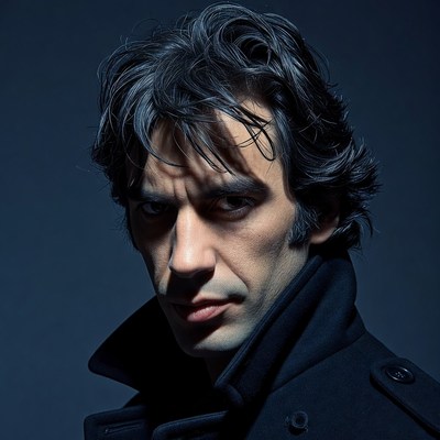 Man with intense gaze in dark coat