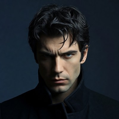 Man with intense stare in dark coat