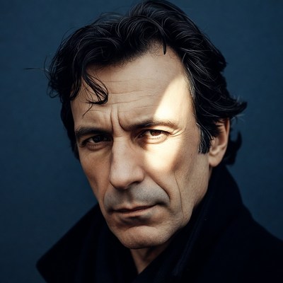 Man with dark wavy hair in black coat