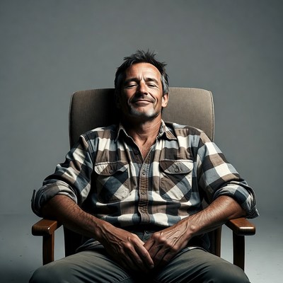 Smiling man in plaid shirt sitting in chair