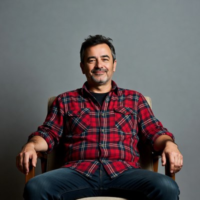 Man in plaid shirt sitting on chair