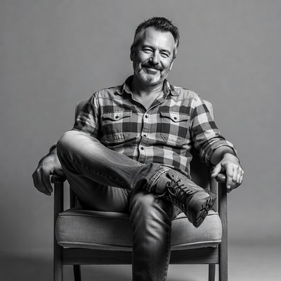 Smiling man in plaid shirt sitting