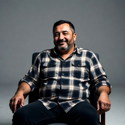 Smiling Middle Eastern man in plaid shirt