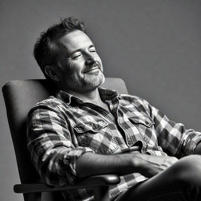 Man smiling in plaid shirt chair