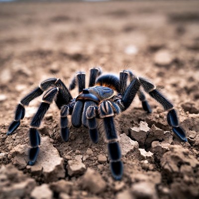 Blue tarantula on desert ground
