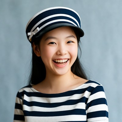 Asian girl in sailor hat smiling