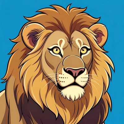 Cartoon Lion Head on Blue Background