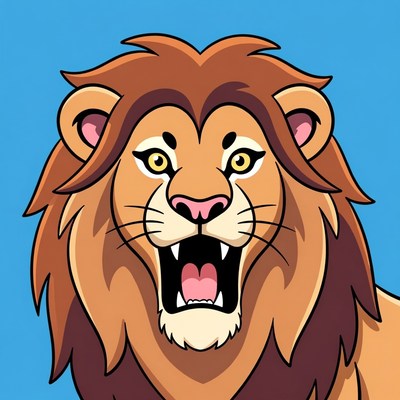 Cartoon Lion Roaring on Blue Background