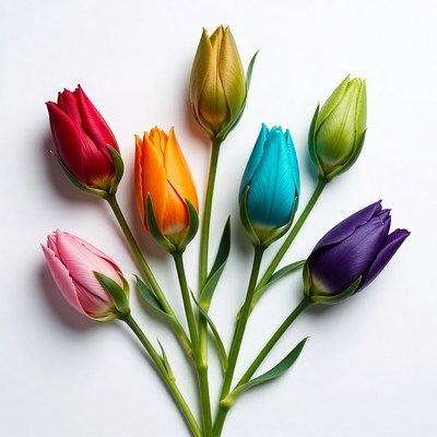 Rainbow Colored Tulips on White Background