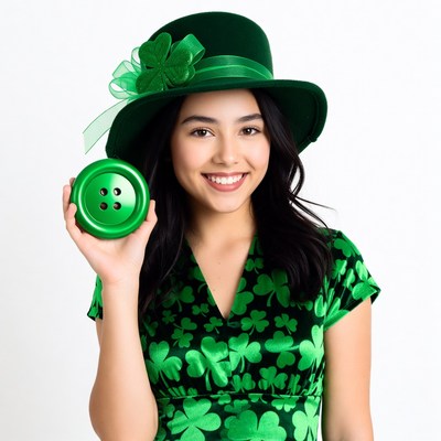 Woman in green shamrock hat holding button