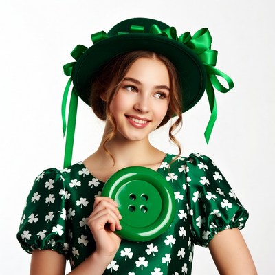 Girl holding green shamrock button hat