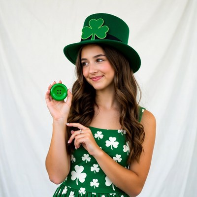 Girl holding shamrock button in green hat