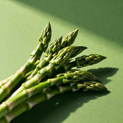 Fresh asparagus spears on green background