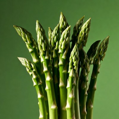 Fresh asparagus spears on green background