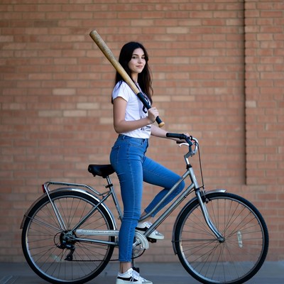 Woman with bat standing by bicycle