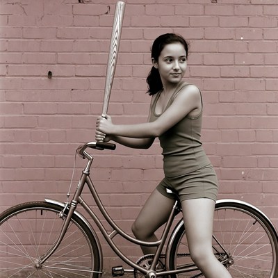 Girl on bicycle holding baseball bat